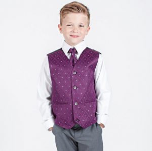 Boys 4 Piece Suit Grey with Purple Waistcoat Alfred