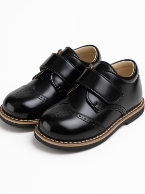Early Steps Matte Black Strap Brogue Shoes