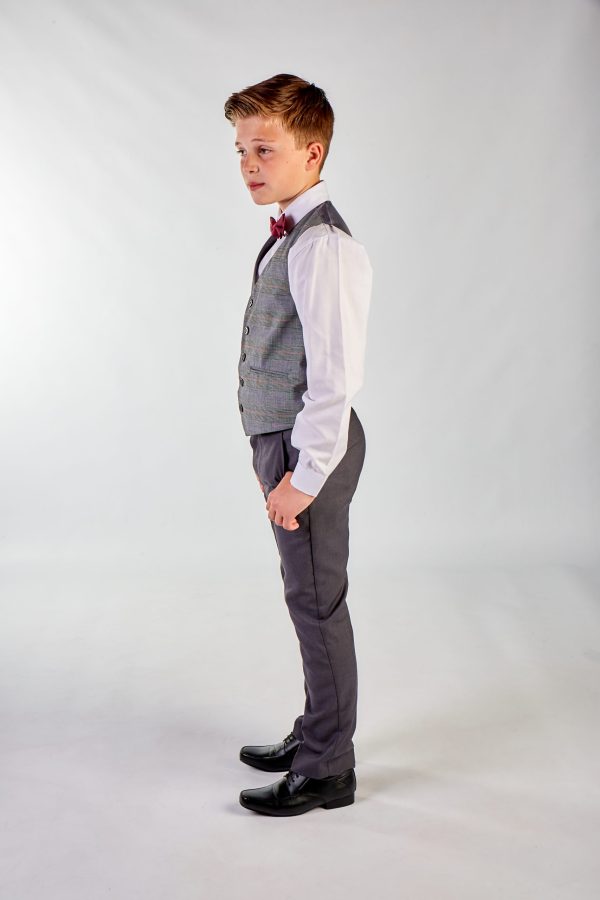 Boys 4 Piece Waistcoat Suits Boys 4 Piece Grey Check Suit in Grey