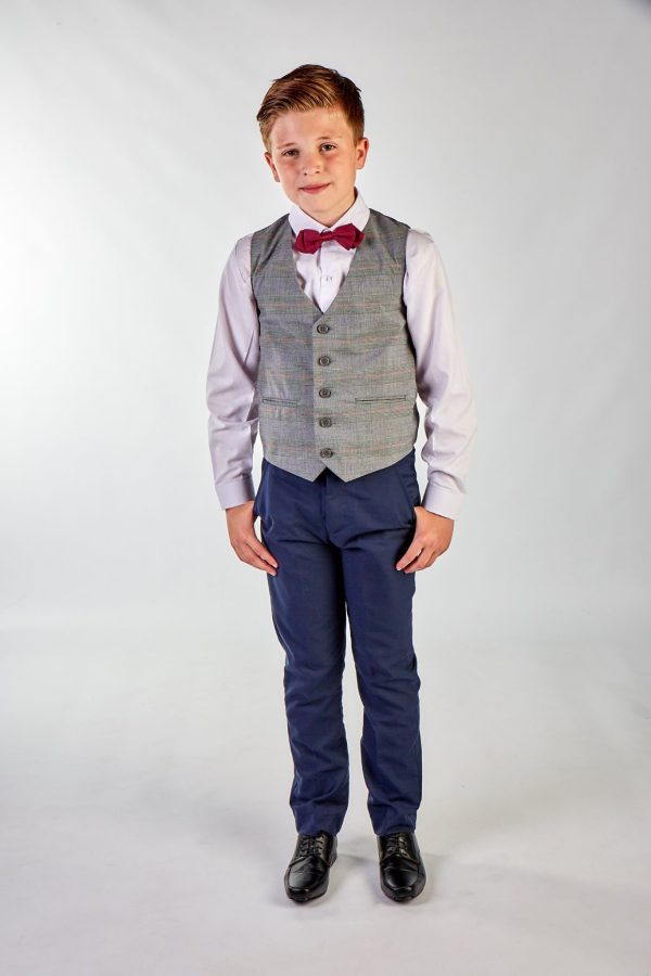 Boys 4 Piece Waistcoat Suits Boys 4 Piece Grey Check Suit in Navy