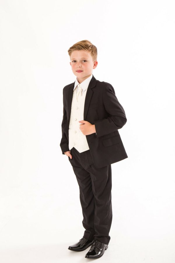 Boys 5 Piece Suits Boys 5 Piece Black suit with cream swirl waistcoat