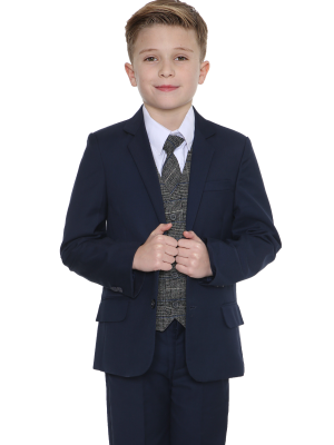 Boys 5 Piece Suits Boys 5 Piece Navy Suit with Blue Check Thomas
