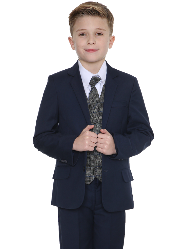 Boys 5 Piece Navy Suit with Blue Check Thomas