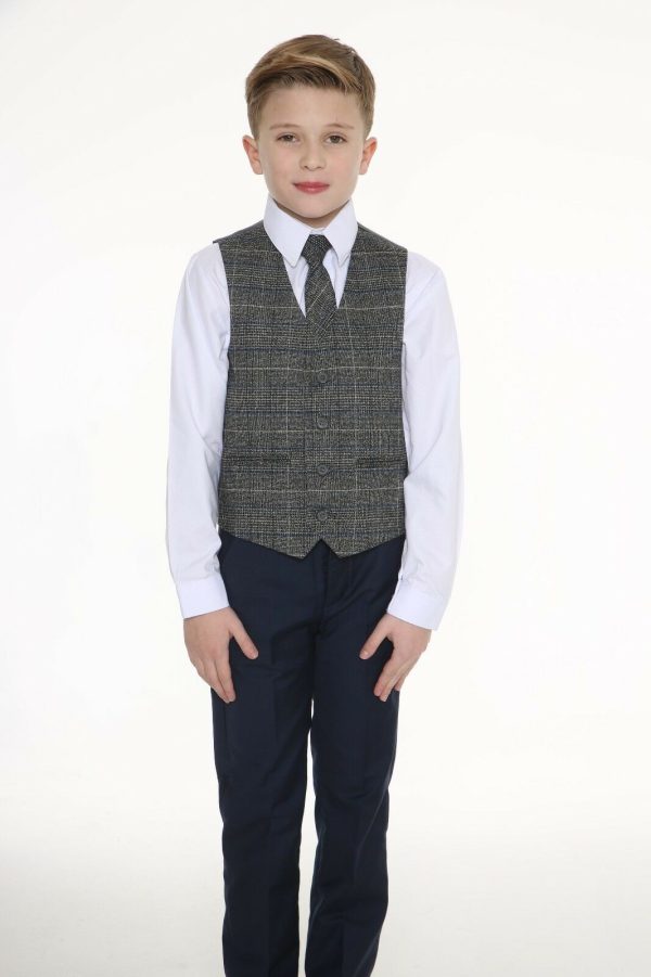 Boys 5 Piece Navy Suit with Blue Check Thomas - Image 3