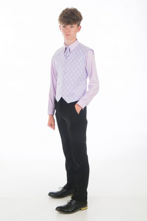 Boys 4 Piece Suit Black with Lilac Waistcoat Alfred