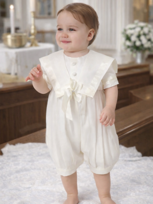 Baby Boys Ivory Pleated Christening Romper