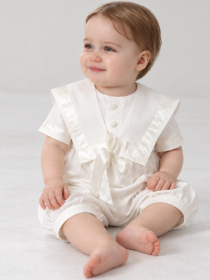 Baby Boys Ivory Pleated Christening Romper
