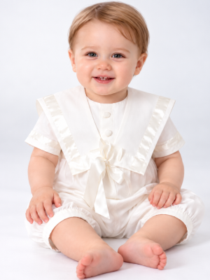 Baby Boys Ivory Pleated Christening Romper
