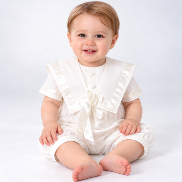 Joyful Baby in a White Christening Outfit