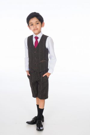 Boys 4 Piece Brown Check Short Set Tweed Suit