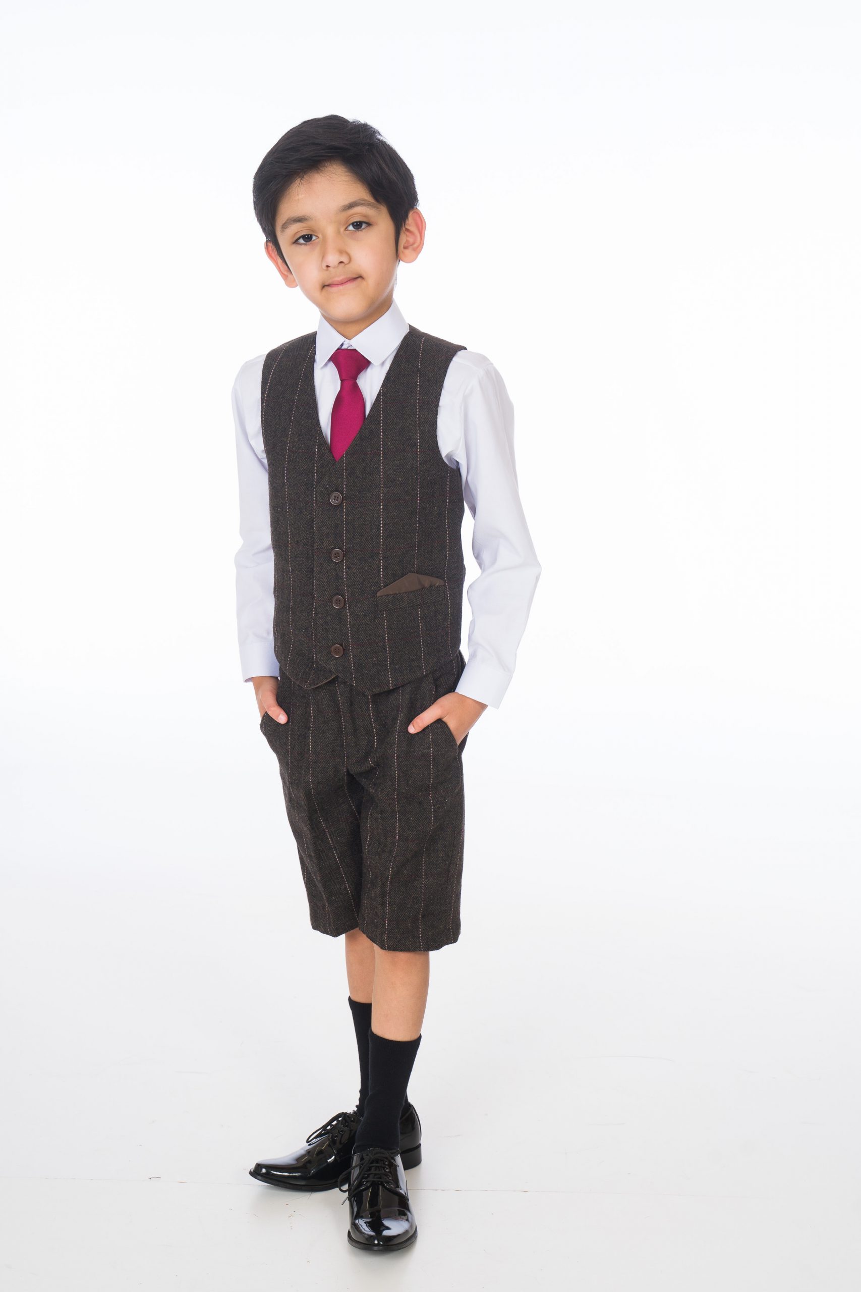 Boys 4 Piece Brown Check Short Set Tweed Suit – Occasionwear for Kids
