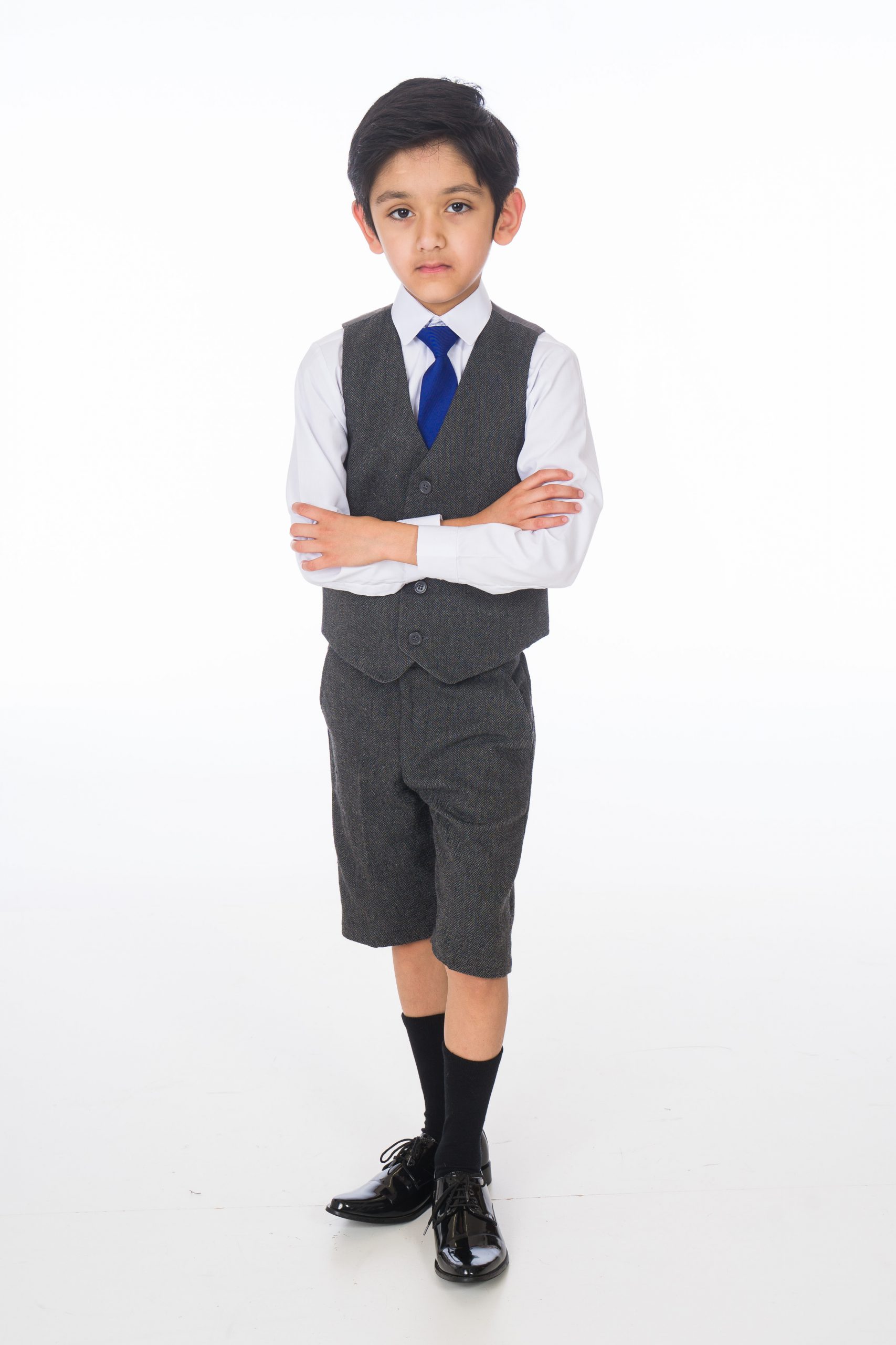 Boys 4 Piece Grey Herringbone Short Set Tweed Suit – Occasionwear for Kids