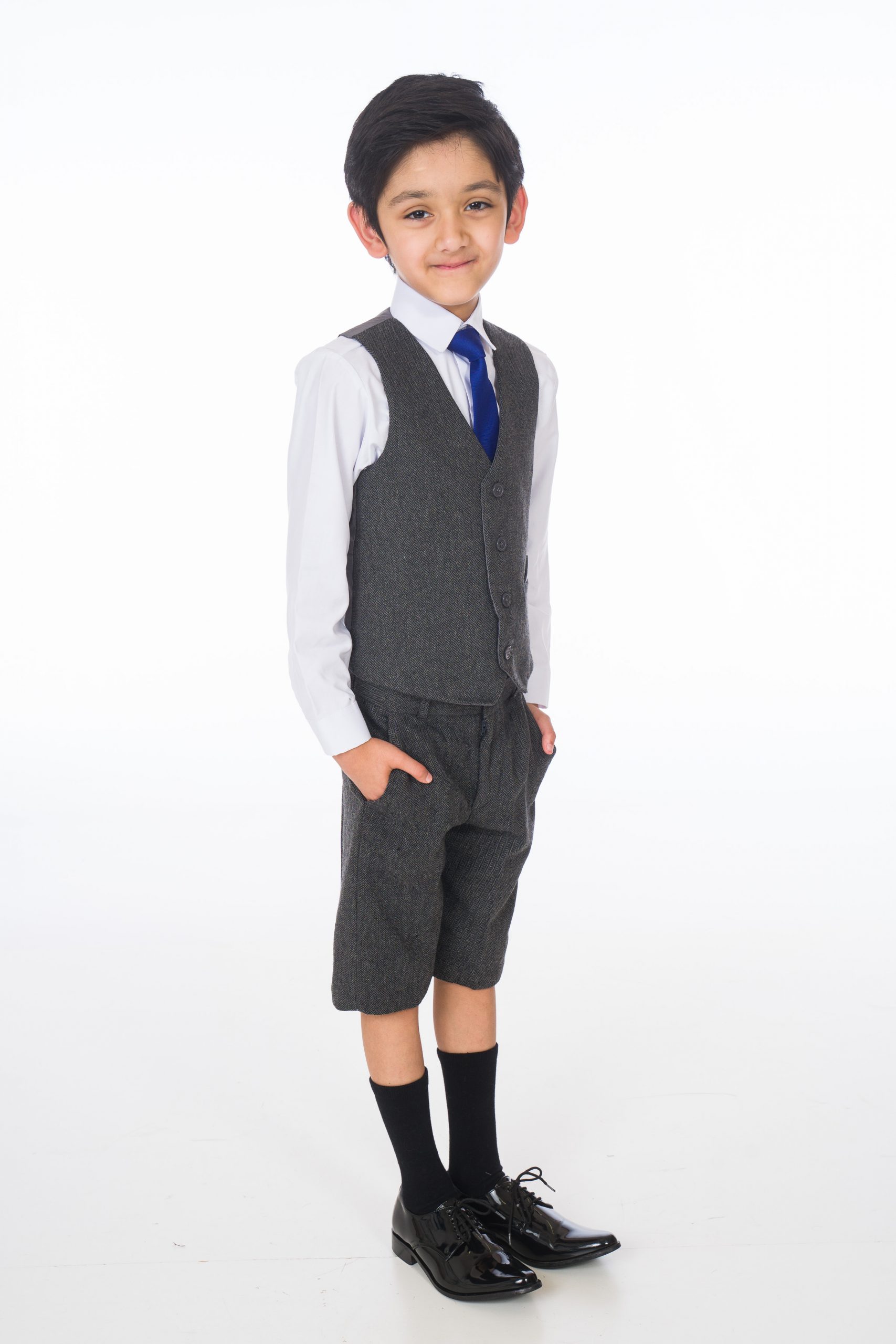 Boys 4 Piece Grey Herringbone Short Set Tweed Suit – Occasionwear for Kids