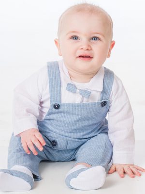 Boys Baby Boys Blue Pinstripe Romper Bow Tie Outfit