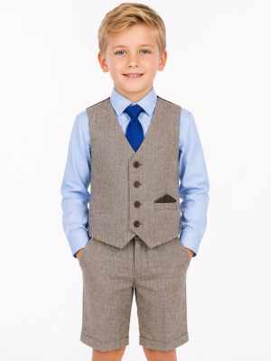 Boys 4 Piece Brown Herringbone Short Set Tweed Suit