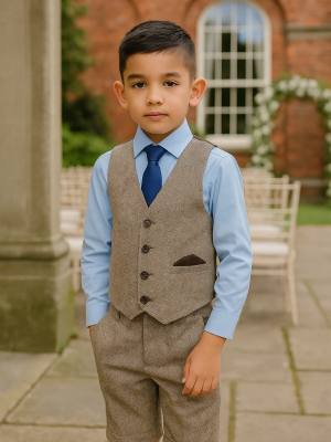 Boys 4 Piece Brown Herringbone Short Set Tweed Suit