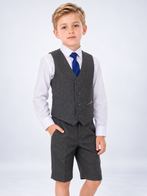 Boys 4 Piece Grey Herringbone Short Set Tweed Suit
