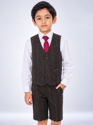 Boys 4 Piece Brown Check Short Set Tweed Suit