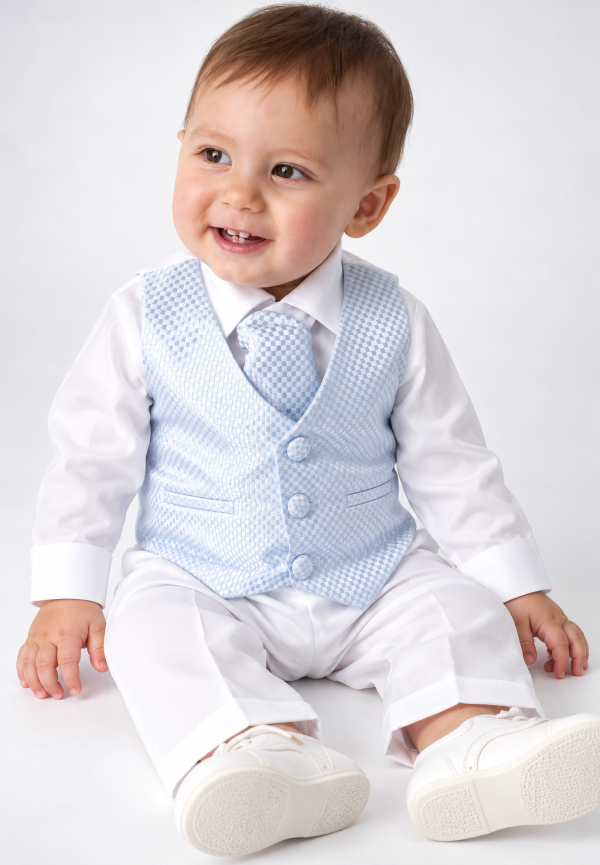 Smiling Toddler in a Pastel Blue Waistcoat