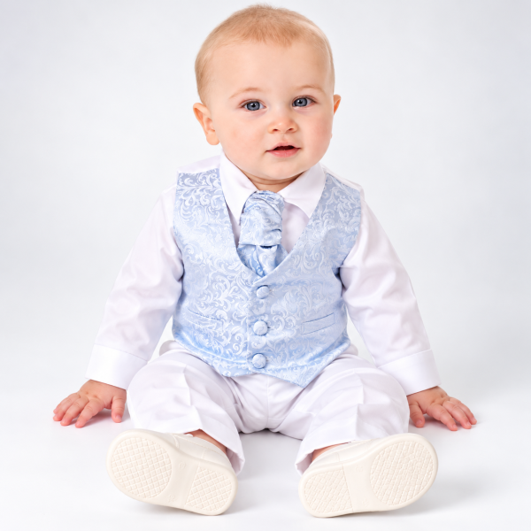 Baby in Pale Blue Christening Outfit