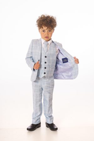 Baby Boys 5 Piece Light Blue Check Suit