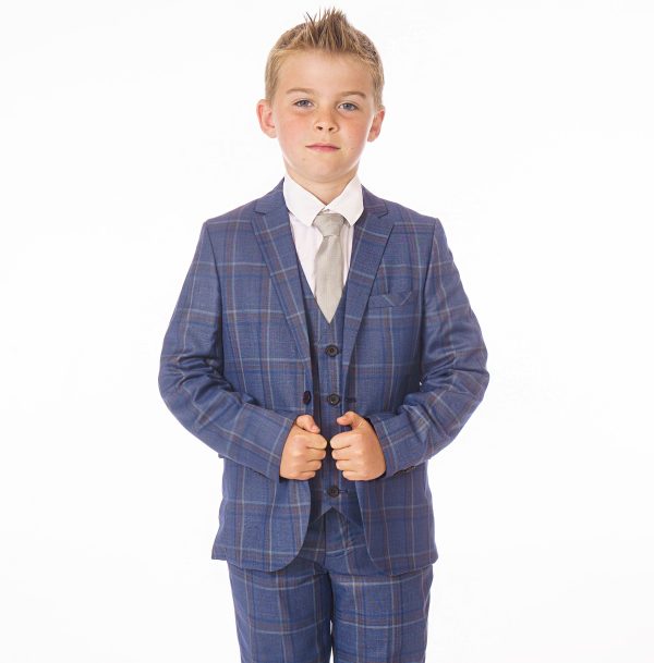 Boys 5 Piece Navy/White Check Suit