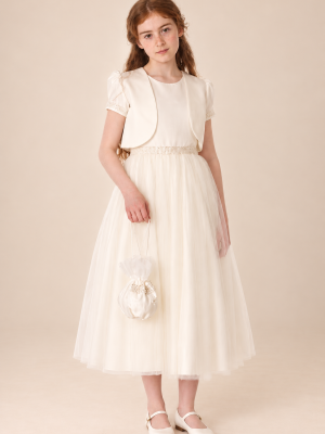 Girls Ivory Dress With Bolero & Bag