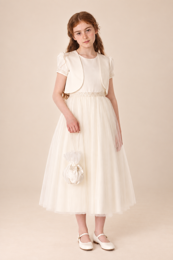 Girls Ivory Dress With Bolero & Bag-1