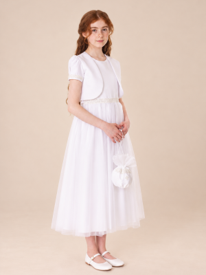 Girls White Dress With Bolero & Bag