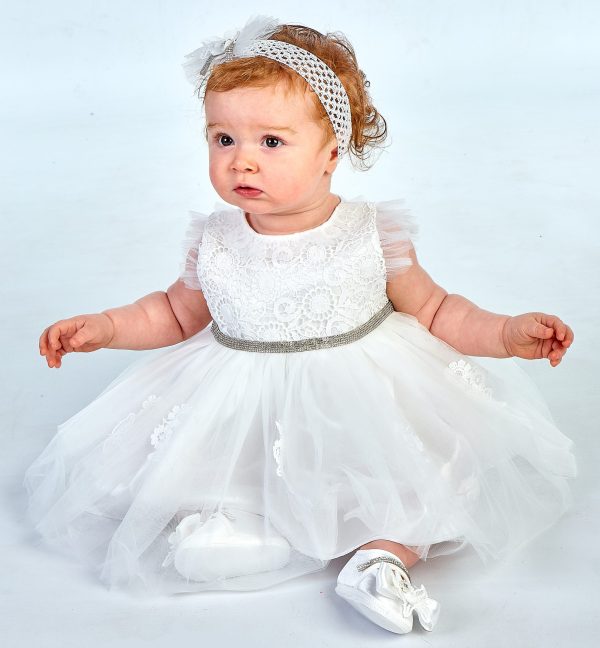 EXTENDED SALE Baby Girls White and Silver Detailed Dress