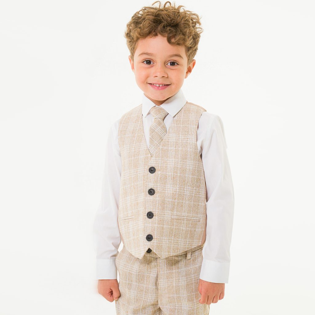Baby Boys 4 Piece Beige Check Suit Milano Mayfair – Occasionwear for Kids