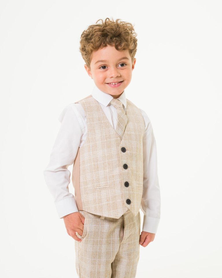 Baby Boys 4 Piece Beige Check Suit Milano Mayfair Occasionwear for Kids
