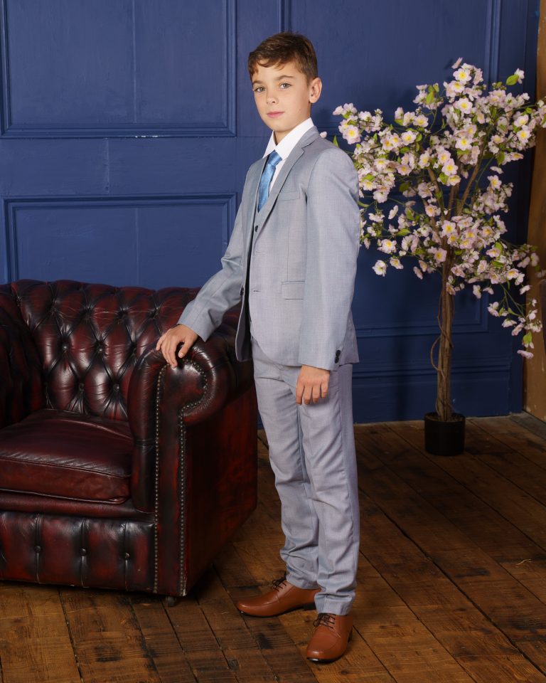 Fancy Kids Modern Fit 5-Piece Light Grey Suit