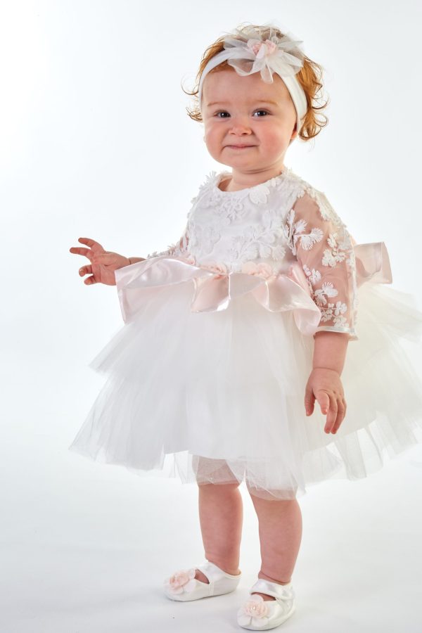 EXTENDED SALE Baby Girls White and Pink Lace Dress