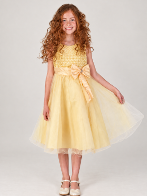 Girls Sparkle Bow Dress Gold
