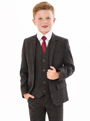 Boys 5 Piece Grey Check Tweed Suit