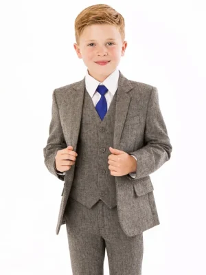 Boys 5 Piece Grey Herringbone Tweed Suit