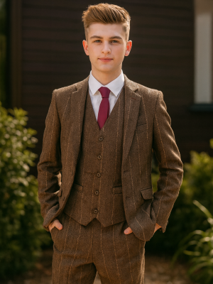 Boys 5 Piece Brown Check Tweed Suit