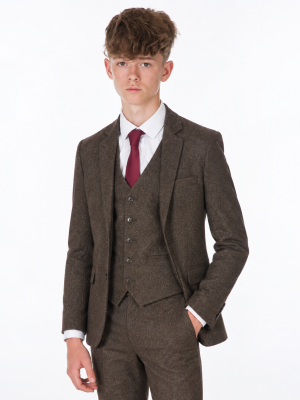 Boys 5 Piece Dark Brown Tweed Suit