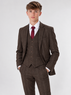 Boys 5 Piece Brown Check Tweed Suit