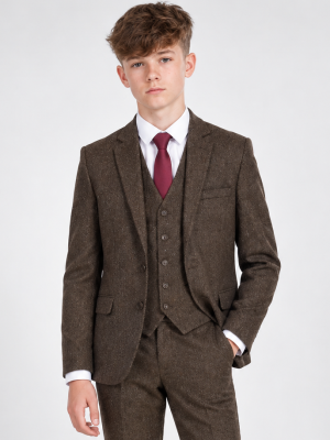 Boys 5 Piece Dark Brown Tweed Suit