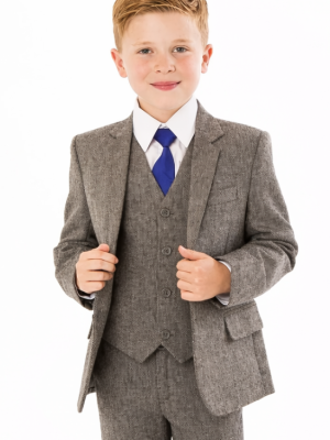 Boys 5 Piece Grey Herringbone Tweed Suit