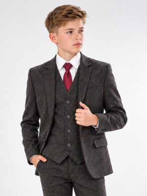 Boys 5 Piece Grey Check Tweed Suit
