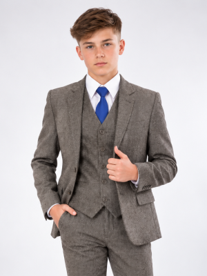 Boys 5 Piece Grey Herringbone Tweed Suit