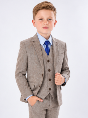 Boys 5 Piece Brown Herringbone Tweed Suit