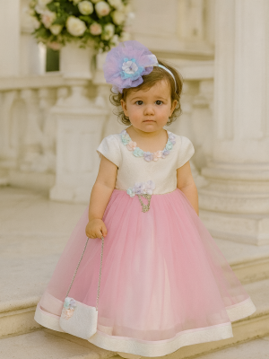 Girls Pink Diamante Flower Dress With Bag