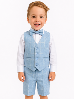 Boys 4 Piece Check Short Suit Blue