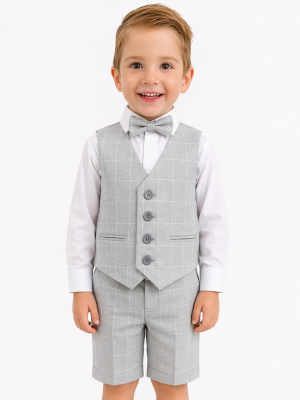 Boys 4 Piece Check Short Suit Grey
