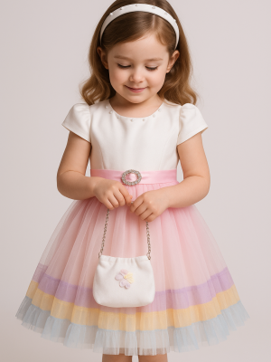 Girls Pink Multicoloured Dress with Matching Bag and headband