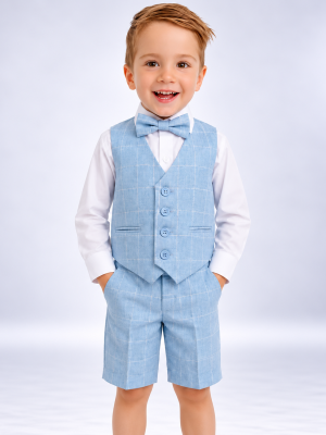 Boys 4 Piece Check Short Suit Blue